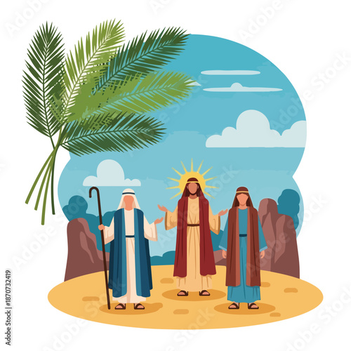 Palm Sunday artistic interpretation shows Jesus with two followers, set against a desert landscape with prominent green palm fronds.