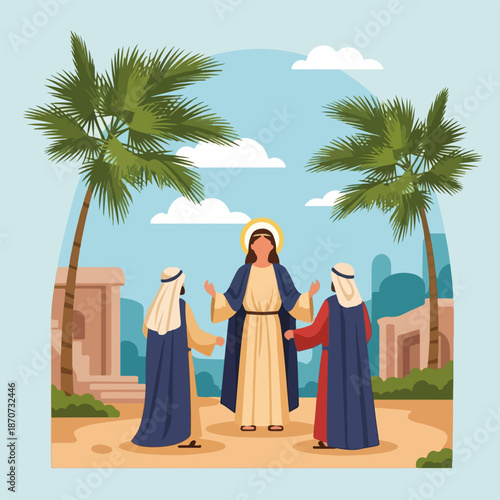 Palm Sunday scene, Jesus entry Jerusalem, two followers, palm trees. New testament Bible art depicts sacred Palm Sunday narrative. Ideal for Christian content, spiritual education, for Palm Sunday.