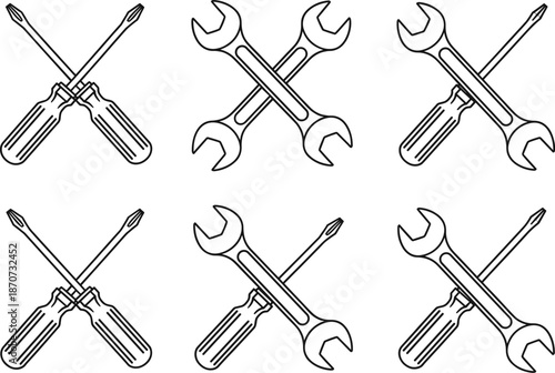 Crossed wrench and screwdriver icon set in outline style for repair, maintenance, construction and mechanic tools