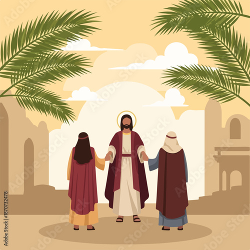Flat illustration depicting Palm Sunday scene with Jesus and two followers entering ancient city under palm fronds. This iconic Palm Sunday event symbolizes triumph and faith.