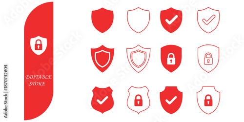 shield icon set with check mark. Protection approve icon. Approved safety icon. icon with editable line stroke