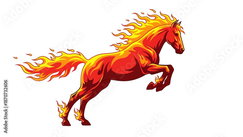 A fiery red horse running dynamically with flames engulfing its body and mane against a white background from a side viewpoint.