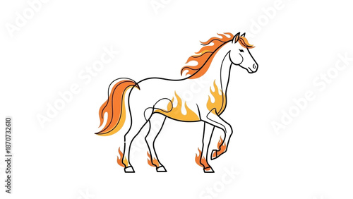 Illustration of a white horse with orange flames on its body and mane running in a dynamic pose