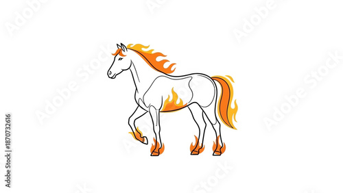 Illustration of a white horse with orange mane and tail running in a serene landscape from a side viewpoint