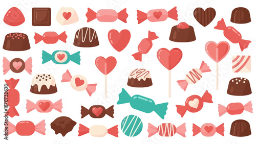 Assorted sweet treats and candies in various shapes and colors displayed on a white background with d03.eps style illustrations