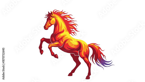 Vibrant horse illustration in dynamic motion, showcasing fiery mane and tail, against a clean white background from a side viewpoint.