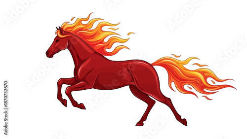 A fiery red horse running with fiery mane and tail in a dynamic illustration