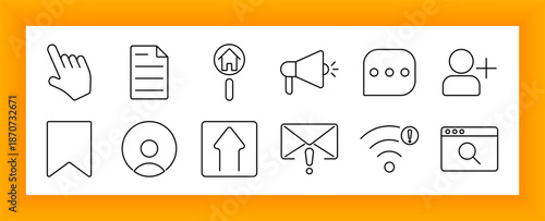 User actions and notifications set icon. Click hand, document, home pin, loudspeaker, chat bubble, user plus, bookmark, avatar, email alert, wifi warning, and search browser drawn.