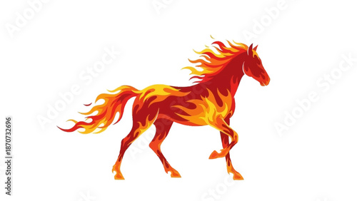 Fiery horse illustration running in mid-air with flames engulfing its body from a side viewpoint