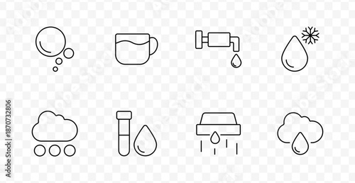 Water and filtration set icon. Icons in line style show bubbles, cup, pipes, raindrops, snowflake, clouds, filters, lab tube, and droplets in various water-related contexts.