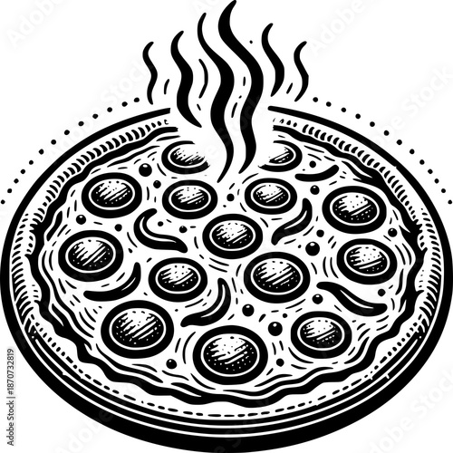 Steaming Pizza: A delicious, freshly baked pizza, radiating warmth with steam, is a culinary masterpiece. It features the perfect balance of savory ingredients on a crisp crust, inviting the senses.