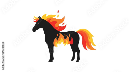 A fiery black horse illustration with flames on its mane and tail, standing against a white background, viewed from the side.