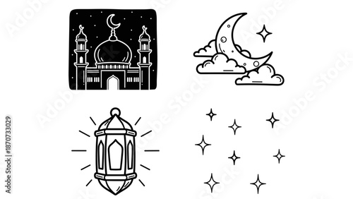 Stylized line art collection depicting traditional Islamic symbols for spiritual reflection and celebration, featuring a mosque, radiant lantern, crescent moon, and twinkling stars