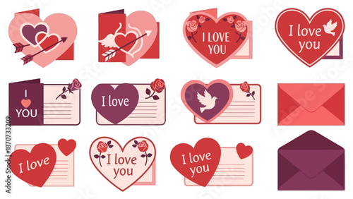 Valentine's Day graphics with hearts and love letters in various designs and envelopes