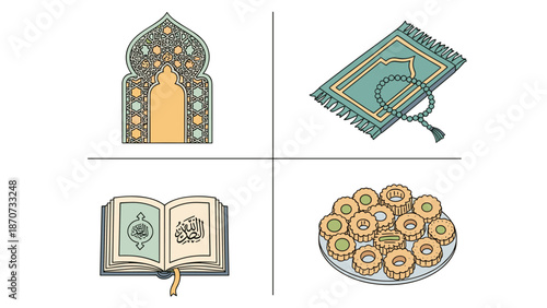 Illustrative set capturing the essence of Islamic devotion, including prayer essentials, sacred texts, and traditional festive desserts, representing faith and cultural celebration