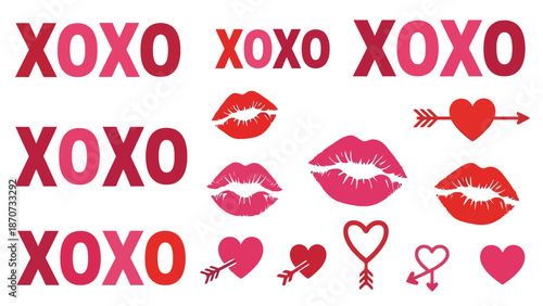 Vector illustration of hearts, lips, and XOXO symbols in various shades of red and pink on a white background d25.eps style