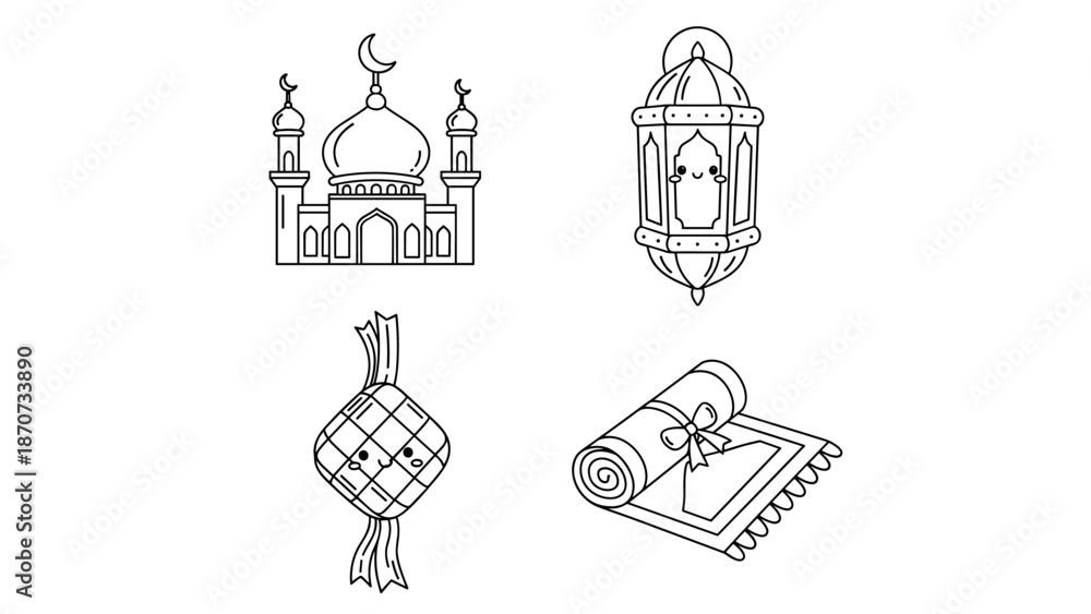 Fototapeta premium Adorable monochrome line art collection of Islamic symbols for Ramadan and Eid al-Fitr, featuring a mosque, traditional lantern, ketupat, and prayer mat designs