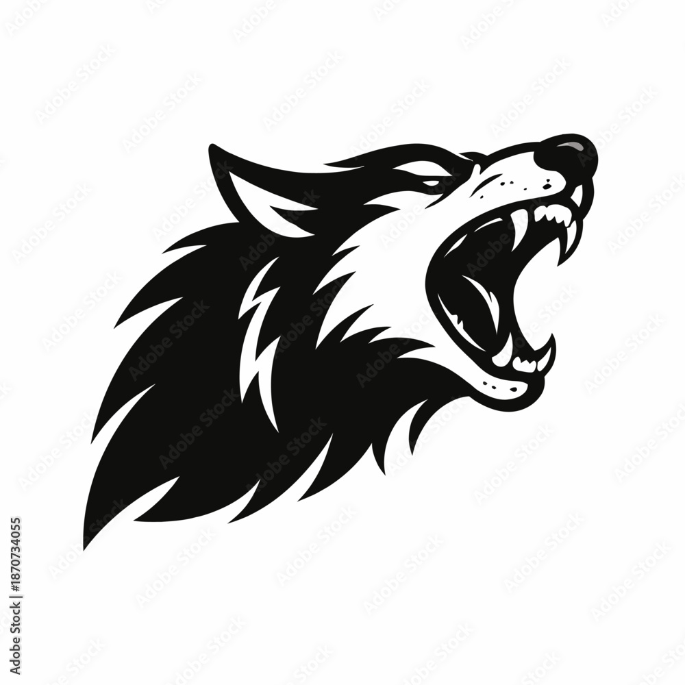 Obraz premium Fierce Roaring Wolf Face Black and White Logo Design