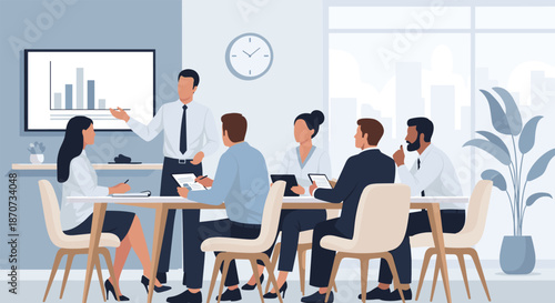 Business meeting illustration, corporate presentation scene, data analysis teamwork, office strategy session, bar graph review, professional attire, modern workplace vector