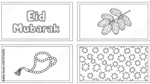 Collection of Eid Mubarak coloring page elements, featuring traditional Islamic symbols such as dates, prayer beads, and decorative star patterns,