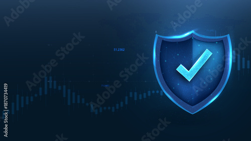 A digital shield symbolizing cybersecurity, featuring a check mark, set against a dark blue background with abstract data patterns.