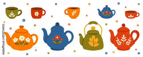 Tea set with colorful teapots and cups in a row with small decorative dots. For cafe menus, packaging, stickers, posters, web banners.