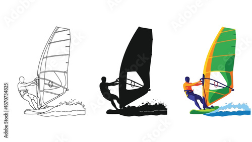 Rock climbing set line art, silhouette, and full color illustration of a climber ascending a steep rock face