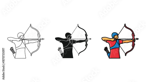 Set of three rowing illustrations line art sketch, solid silhouette, and colorful vector graphic of a sculler in a single shell