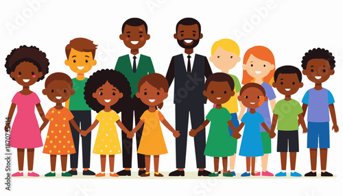Large Diverse Group of Happy Children Holding Hands with Two Professional Male Mentors Vector Illustration