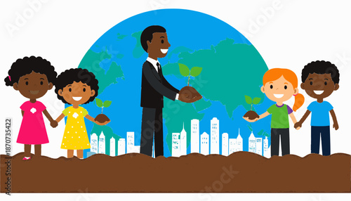 Environmental Education Concept with City Skyline and World Map Background, Sustainability and Ecology Vector Art