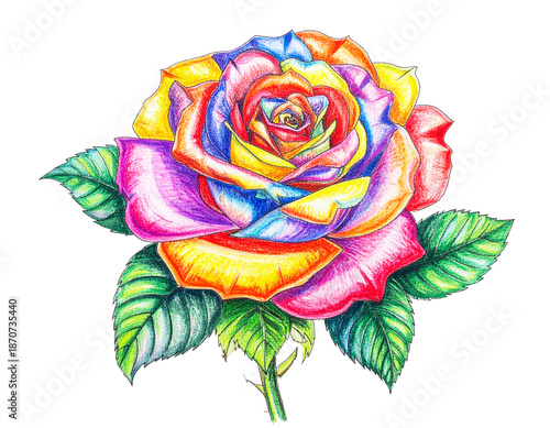 colorful pencils drawing of rose flower isolated on transparent background, png file