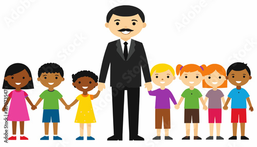 Diverse Group of Happy Children Holding Hands with a Friendly Teacher or Father Figure in a Suit
