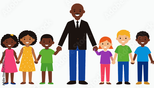Diverse Group of Happy Children Holding Hands with Professional Male Mentor Vector Illustration