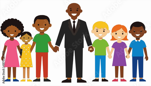 Professional Male Mentor with Diverse Group of Children Holding Hands Vector Illustration