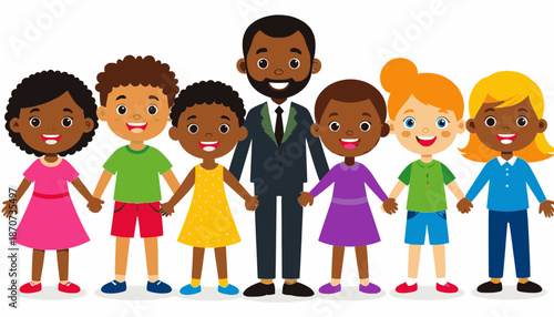Flat vector of a smiling African American man in a suit surrounded by diverse children holding hands