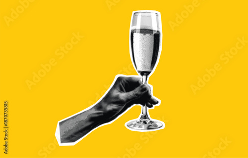 A hand holding a celebration drink. modern halftone collage design element