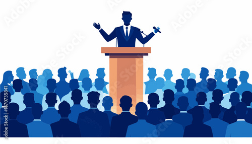 Professional Speaker Holding Microphone at Podium Addressing Large Audience