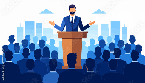 Professional Male Orator Silhouette Delivering an Inspiring Keynote Speech at a Corporate Seminar