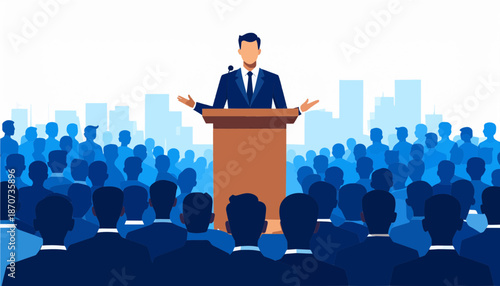 Professional Businessman Giving Speech at Podium with City Skyline Background Vector