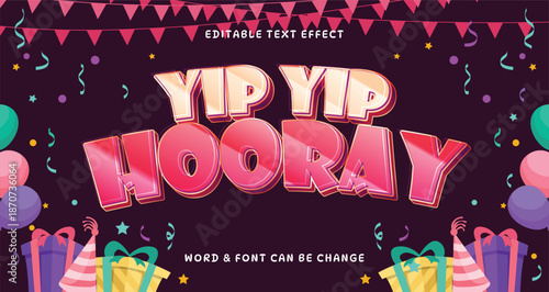 Vibrant celebration text effect with festive party elements, balloons, and gifts, perfect for joyful event designs and announcements