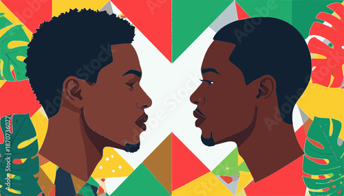 Two Young African American Men Facing Each Other in Profile View Vector Illustration