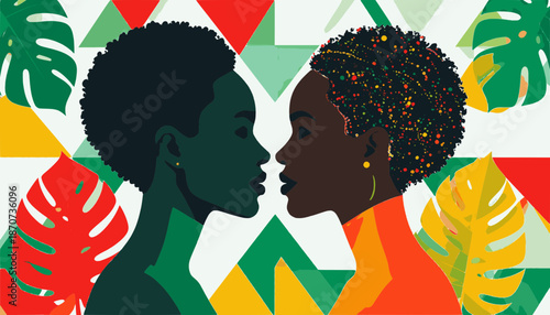 A modern flat vector art featuring two African American women in profile