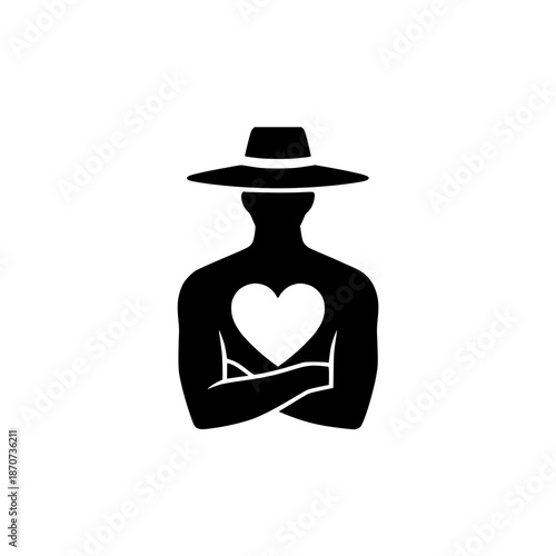 Mysterious Man Silhouette Wearing Hat with Heart Symbol on Chest
