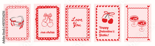 Vintage hand drawn Valentine cards with hearts, bows, cherries and romantic doodle frames. Whimsical coquette illustrations for wedding stationery, love notes, Galentine cards, retro design projects. 