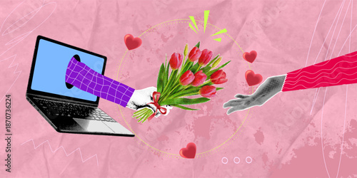Trendy halftone pop art collage: abstract online portal, laptop, internet, red flowers bouquet, hand through screen, online shopping, isolated on pink background.