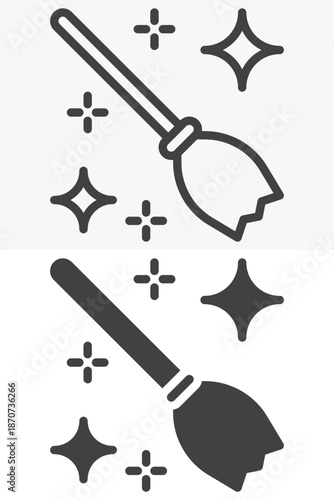 Witch broom icon set in line and solid style. Outline and filled vector sign with editable stroke, magical symbol icon for witchcraft, spells and fantasy illustrations.