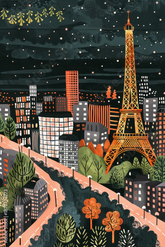 Paris city skyline cute colorful hand drawn style illustration