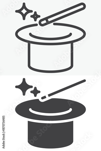Magic hat and wand icon set in line and solid style. Outline and filled vector sign with editable stroke, magician symbol icon for tricks, shows and fantasy design.