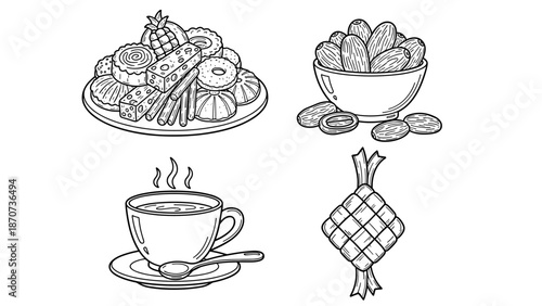 Hand-drawn collection of traditional and festive food illustrations, featuring dates, various pastries, hot beverages, and a ketupat, ideal for cultural celebrations and culinary designs