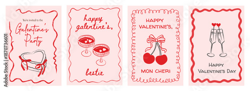 Valentine retro whimsical card set with playful designs. Galentine party invites, cocktail glasses, cherries with bows. Cute love postcards for parties and romantic celebrations. Vector illustration